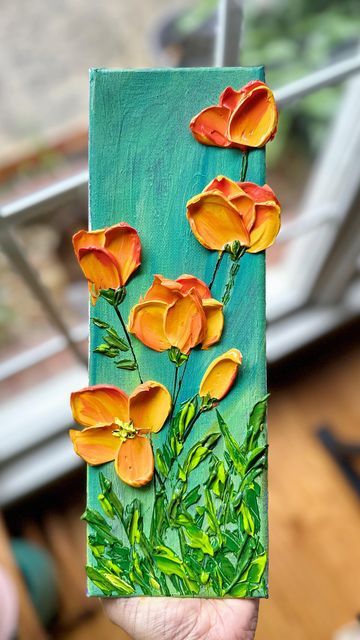 Crafty Painting Ideas, 4 Inch Canvas Painting Ideas, Impasto Painting Flowers, Canvas Painting Flowers Acrylics, 3d Flower Painting On Canvas, Painting With Modeling Paste, Impasto Sunflowers, Impasto Painting Easy, Impasto Painting Tutorial