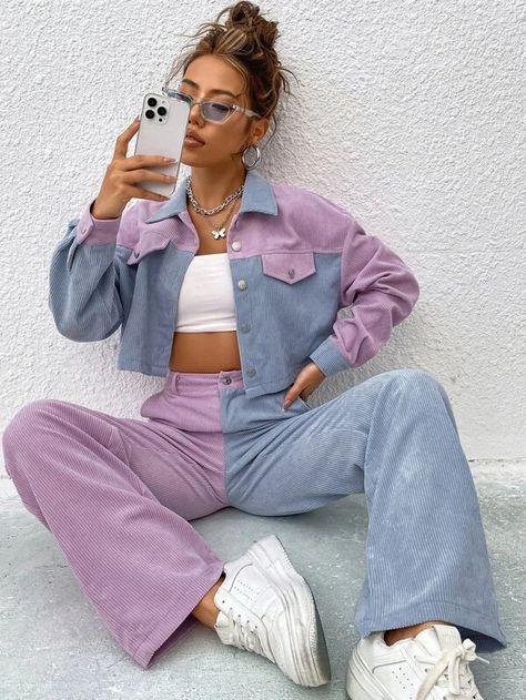 Two Tone Drop Shoulder Crop Jacket & High Waist Pants | SHEIN USA Colored Pants Outfits, Ropa Diy, High Waist Pants, Jacket Pattern, Casual Sets, High Waisted Trousers, Waist Pants, Crop Jacket, Two Piece Outfit