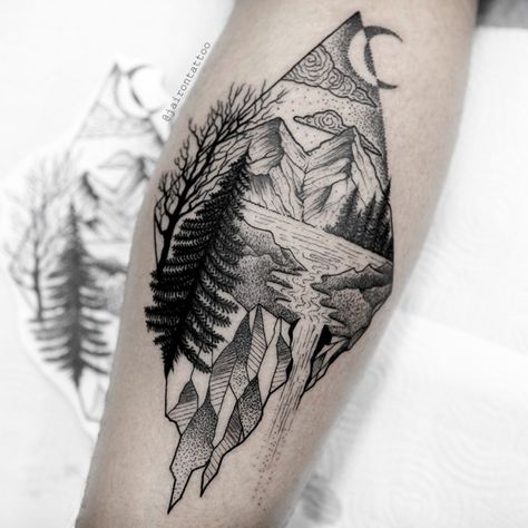 Tattoo uploaded by Jairon Freire | Landscape #blackworktattoo #blackwork #landscapetattoo #landscapes #dotworktattoos #lineworktattoo | 905082 | Tattoodo Best Tattoos For Men, Tattoo Stockholm, Earth Tattoo, Nature Tattoo Sleeve, Elements Tattoo, Landscape Tattoo, Forest Tattoos, Fantasy Tattoos, Geometric Tattoos