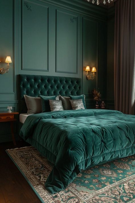 29 Dark Teal Bedroom Ideas to Create a Tranquil and Luxurious Retreat 1 Dark Teal Walls, Dark Teal Bedroom Ideas, Dark Teal Bedroom, Burgundy Christmas Decor, Front Yard Halloween, Modern Coastal Bedroom Ideas, Small Kitchen Storage Hacks, Moody Rooms, Teal Bedroom Ideas