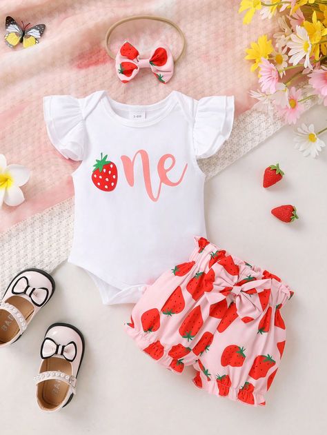 3pcs/Set Baby Girl Elegant & Sweet Comfortable Strawberry Letter Print Ruffle Romper, Bowknot Lantern Pants And Headband Set, Suitable For Casual, Daily, Vacation And Outdoor WearI discovered amazing products on SHEIN.com, come check them out! Shein Baby Girls Outfits, Strawberry Baby Outfit, Strawberry Baby, Ruffle Romper, Baby Outfits Newborn, Outdoor Wear, Kids Beachwear, Baby Sets, Newborn Baby