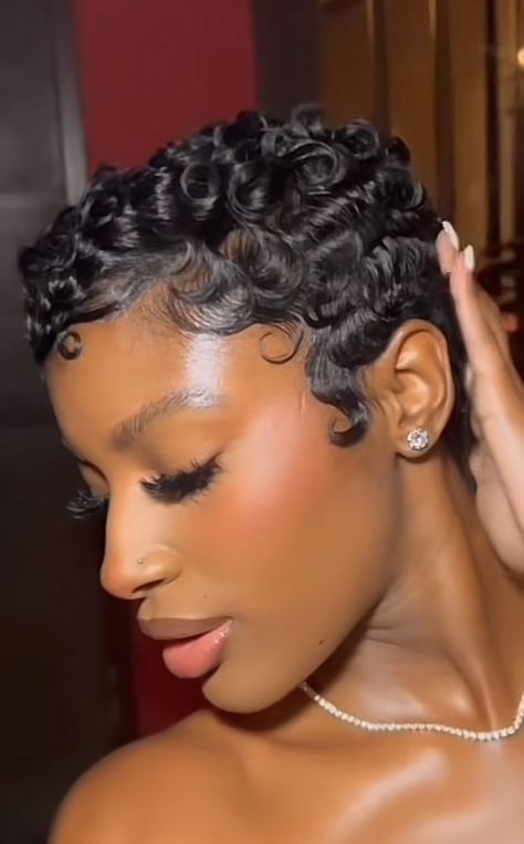 Black Women Blonde Pixie Haircut, Black Girls Short Hair Waves, Pixie Haircut Wigs For Black Women, Female Haircuts Short, Pixie Wedding Hairstyles Black Women, Fluffy Finger Waves, Perm Set On Natural Hair, Black Girls Pixie Hairstyles, Mold Hairstyles For Black Women