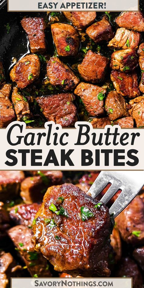 These Garlic Butter Steak Bites are quick and easy to make – and they vanish fast! Serve them as finger food on appetizer night, as part of your game day spread or as part of a fun family dinner date. | #dinnerdate #steakbites #appetizer Butter Steak Bites Recipe, Appetizer Night, Garlic Butter Steak Bites, Steak Dinner Recipes, Butter Steak Bites, Steak Bites Recipe, Venison Steak, Butter Steak, Garlic Butter Steak