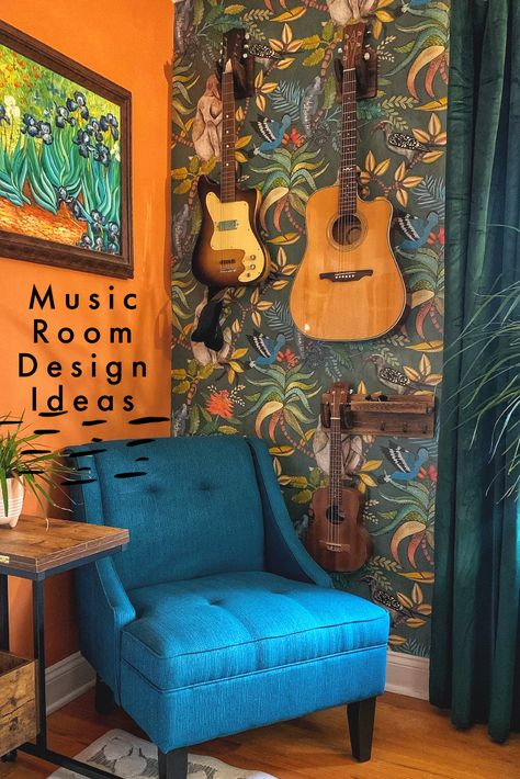 Music Room with Cole & Son wallpaper, Ashley Furniture Chair, Benjamin Moore Sunrise Paint, a goodwill painting, home decor, design, diy and Amazon guitar hangers Musical Corner Decor, Zen Music Room, Music Corner Decor, Jazz Lounge Decor Room Ideas, Music Listening Corner, Instrument Corner Living Room, Bohemian Music Room, Music Theme Living Room, Small Drum Room Ideas