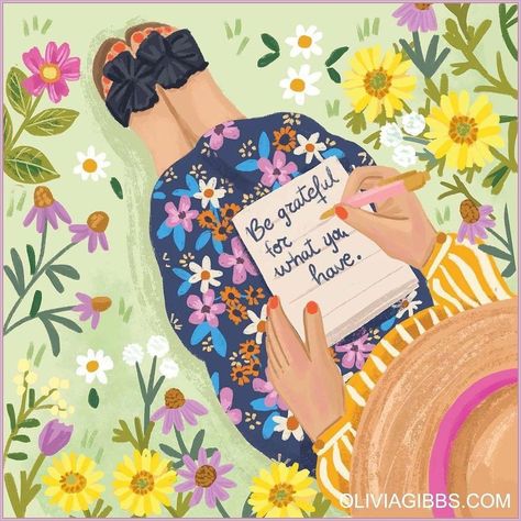 The list of New Year‘s resolutions has turned into one of the most popular traditions wor Happy Things Pictures, Inspirational Pictures Art, Happy Words Inspiration, Grateful Illustration, Grateful Pictures, Olivia Gibbs, Happiness Illustration, Happiness Painting, Pretty Books