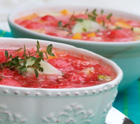 Watermelon Gazpacho Recipe, Watermelon Soup, Tomato Gazpacho, Fruit Soup, Cilantro Pesto, Gazpacho Recipe, Rachael Ray Recipes, Watermelon Gazpacho, Appetizer Dishes