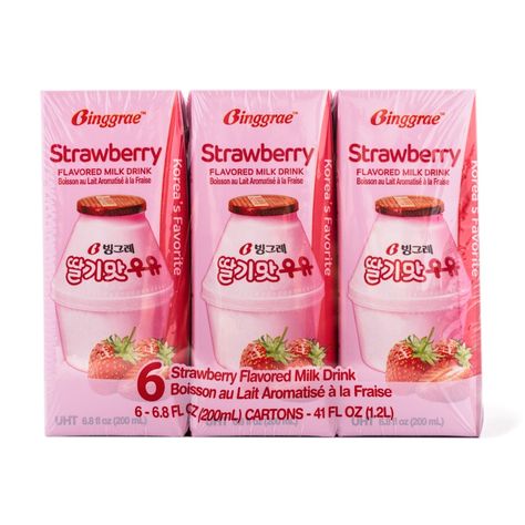 Binggrae Strawberry Milk, Ultramilk Drink Stroberi, Binggrae Milk, Milk Flavors, Drinks Milk Tea, Japanese Supermarket, Asian Drinks, Fruit Dragon, Milk Drinks