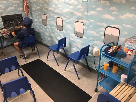 Airport Themed Classroom, Plane Dramatic Play Preschool, Airport Classroom Transformation, Pilot Dramatic Play, Airport Theme Classroom, Airplane Classroom, Airport Classroom Theme, Dramatic Play Airport, Airport Dramatic Play Preschool