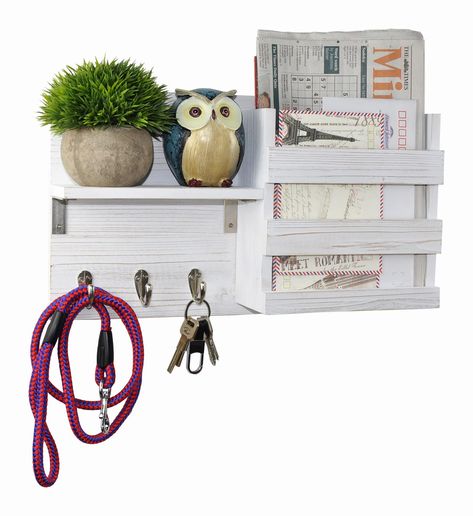 PRICES MAY VARY. Great for entryway space organizing and wall decorative. Features 3 chrome metal hooks for key holder, dog leash Hanging, coat & hat Rack; 1 small shelf to display small succulent, sunglasses, accessories ornament; 1 slot mail sorter to storage mails, letters, newspaper or more. A creative blend of rich, handy craft farmhouse rustic reclaimed wood in whitewash finish and industrial metal hooks blends to create a country piece with a modern feel. Perfect size to build on wall in Entryway Floating Shelves, Entryway Mail Organizer, Newspaper Storage, Key And Letter Holder, Mail Envelope, Mail Sorter, Hanging Coat Rack, Wooden Rack, Entryway Storage