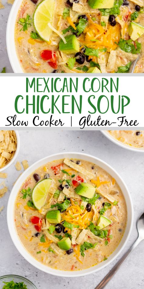 This easy slow cooker Mexican corn chicken soup (or chowder!) is so simple to make, and relies mostly on pantry ingredients! Cooking with pantry staples makes this a really budget-friendly chicken crock pot recipe. It's full of vegetables, black beans, chicken thighs so it's a great gluten-free soup option! This corn chicken soup is flavorful, perfectly spiced, and perfect for an easy weeknight dinner or meal prep recipe. #slowcookerchickensoup #mexicancornsoup #glutenfreeslowcooker #crockpot Crockpot Chicken Corn Chowder, Savory Soup Recipes, Chicken Soup Slow Cooker, Soup Sunday, Slow Cooker Mexican, Hearty Recipes, Chicken Corn Soup, Crockpot Chicken Breast, Chicken Corn Chowder