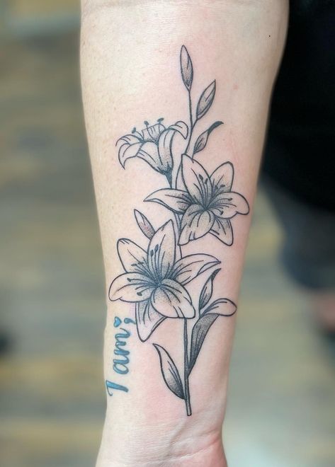 3 Flower Tattoo Forearm, Black And White Tiger Lily Tattoo, Stargazer Lilies Tattoo, Lilly Forearm Tattoo Women, Lily And Bird Tattoo, Lilies Flower Tattoo, Star Gazer Lilly Tattoos, Fine Line Black And Grey Tattoo, Tiger Lily Tattoo Design