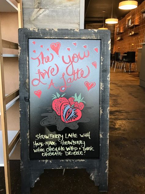 Valentines Coffee Shop Ideas, Valentine’s Day Latte Ideas, Coffee Shop Valentines Decor, Valentine Chalkboard Art, Barista Ideas, Deja Brew, Cafe Chalkboard, Coffee Chalkboard, Valentines Coffee