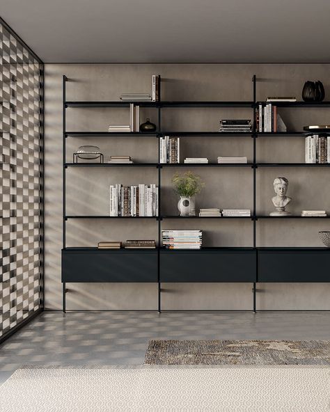 Bamboo: double-sided bookcase - Dallagnese Modular Bookshelves, Aluminum Shelves, Italian Living, Metal Bookcase, Shelving Design, Regal Design, Bookshelf Design, 아파트 인테리어, Shelf Design