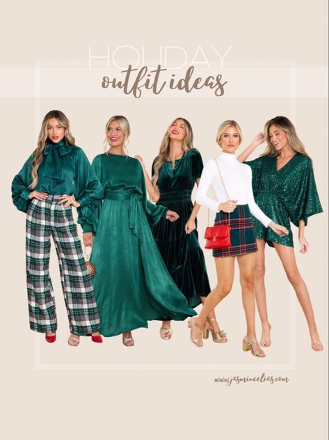 Holiday outfits Christmas Colour Outfit, Green And White Christmas Outfits, Hunter Green Christmas Outfits, Christmas Green Outfit Ideas, Christmas Outfit Themes, Christmas Colors Outfit, Green Christmas Outfit Women, Christmas Outfits 2023, Christmas Green Outfit