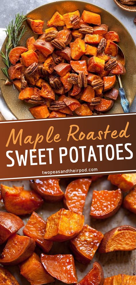 Maple Roasted Sweet Potatoes are perfect for the holidays! The prep for this recipe is super simple. Tossed in maple and cinnamon, this easy vegetable side dish becomes perfectly sweet and delicious! Serve them on Thanksgiving and watch everyone come back for seconds! Maple Glazed Sweet Potatoes, Sweet Potato Side Dish, Maple Sweet Potatoes, Sweet Potato Recipes Roasted, Sweet Potato Sides, Sweet Potato Thanksgiving, Glazed Sweet Potatoes, Recipes Sides, Thanksgiving Side Dishes Easy