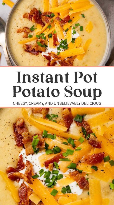 This Instant Pot potato soup is super rich, creamy, and comforting, made quick and easy in the Instant Pot. It's loaded with bacon and cheese for a filling soup that the whole family will love, just like ours does! Healthy Baked Potato Recipes, Best Way To Bake Potatoes, Potato Soup Pressure Cooker, Healthy Baked Potato, Oven Baked Potatoes Recipes, Instapot Soup Recipes, Instant Pot Potato Soup, Potato Soup Easy, Bacon Soup