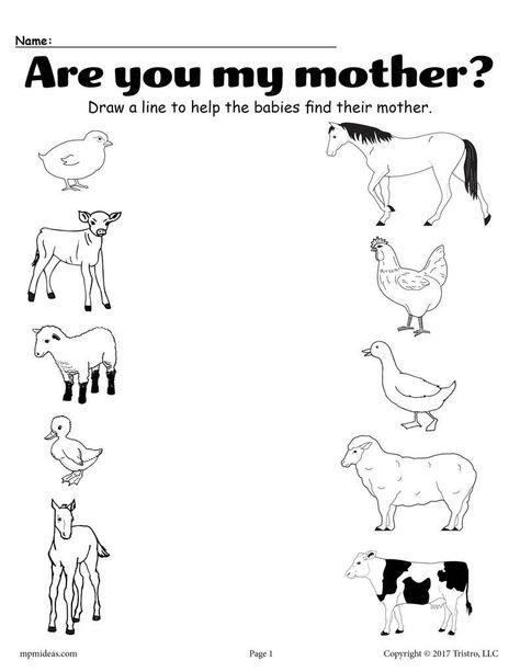 none Animal Crafts Preschool, Mother And Baby Animals, Baby Animal Names, Are You My Mother, Matching Worksheets, Animal Worksheets, Printable Animals, Animal Activities, Matching Baby