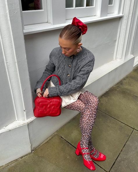 cutest @chlodavie in the rigel cardi Red Stockings Outfit, White Stockings Outfit, Fashion Boutique Interior, Leopard Print Tights, Leopard Tights, Target Fashion, Girly Tips, Print Tights, Leopard Print Outfits