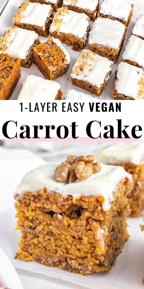 Despite having less sugar, less oil, and no eggs, this cake's taste is incredible and rich, and the texture is light and moist, just like the carrot cake of your best dreams. Healthier Carrot Cake, Carrot Cake Vegan, Carrot Cake Recipes, Vegan Carrot Cake Recipe, Cake Recipe Moist, Carrot Desserts, Carrot Cake Bars, Carrot Cake Recipe Easy, Vegan Carrot Cake