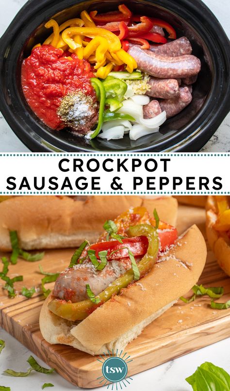 Easy to make, this recipe for Crockpot Sausage and Peppers will be an instant hit. Just dump and go and this meal cooks itself with delicious sausages together with peppers, onions, and canned tomatoes to make a meal everyone will love. Crockpot Sausage and Peppers, Slow Cooker Sausage and Peppers, Italian Sausage Crockpot, sausage peppers and onions crockpot, Slow Cooker Italian Sausage Chicken Sausage And Peppers Crockpot, Peppers And Sausage Recipes Crock Pot, Crock Pot Italian Sausage And Peppers, Sausage And Peppers For A Large Crowd, Sausage Peppers Onions And Potatoes Crockpot, Crockpot Sausage And Peppers Easy, Peppers And Onions Crockpot, Sausage And Peppers In Crockpot, Italian Sausage And Peppers Crockpot