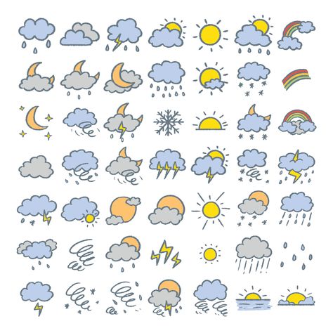 Rain Lighting, Kawaii Weather, Weather Art, Weather Cloud, Cute Easy Doodles, Note Doodles, Cloud Stickers, Yearbook Themes, Cartoon Clouds