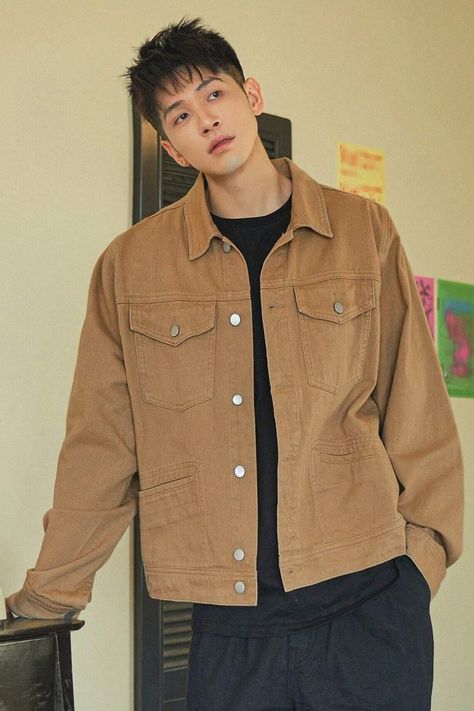 This jacket is made of denim and cotton and is brown in color. There are long sleeves and flap pockets on the jacket. #men #denimjacket #koreanfashion Demin Jacket Outfits Men, Brown Denim Jacket Outfit, Mens Denim Shirt Outfit, Shirt Jacket Outfit, Outer Outfit, Brown Jean Jacket, Mens Brown Shirt, Brown Denim Jacket, Denim Shirt Outfit