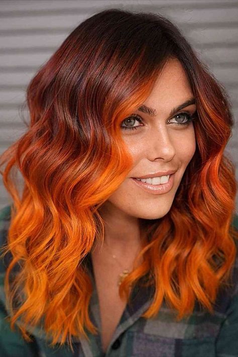 Amped-Up Red to Orange Ombre on ladies with mid-length wavy hair Orange Hair Ombre, Red Ombre Hair Color, Red And Orange Hair, Orange Ombre Hair, Deep Black Hair, Hair Color Red Ombre, Pumpkin Spice Hair, Red Orange Hair, Cheveux Oranges