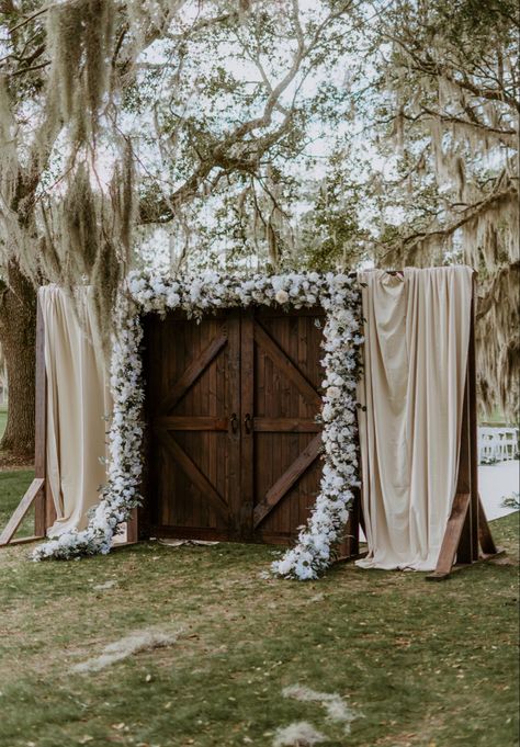 Ceremony doors | wedding ceremony doors | barn doors | wedding ceremony decor | wedding ceremony flowers | wedding ceremony elegant decor | wedding ceremony door entrance | champagne wedding colors | neutral wedding | southern wedding | outdoor ceremony | outdoor ceremony inspo | elegant wedding decor | outdoor wedding | outdoor ceremony decorations | ceremony floral inspo | elegant wedding floral | ceremony flowers | wood doors | wooden doors | barn doors | custom wood doors Wedding Doors Outside, Wedding Door Entrance Outside, Alter Backdrop Wedding Outdoor, Rustic Door Wedding Entrance, Wedding Ceremony Seating Decor, Door Arch Wedding, Outdoor Ceremony Entrance, Wooden Wedding Doors, Wedding Barn Door