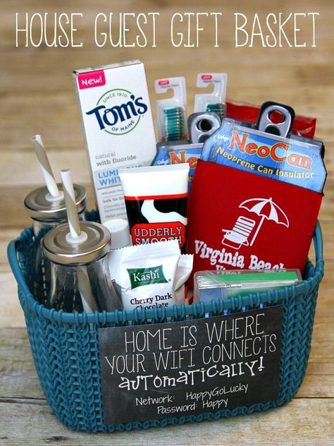 House Guest Gift Basket - Happy-Go-Lucky #madetomatter #ad Guest Gift Basket, Guest Welcome Baskets, Best Christmas Gift Baskets, Birthday Thoughts, Makeup Affordable, House Guest Gifts, Welcome Basket, Welcome Baskets, Christmas Gift Baskets Diy