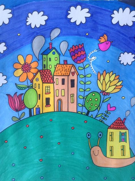 Simple Folk Art Painting, Folk Art Painting Whimsical, Mundo Hippie, Art Ideas For Kids, Whimsical Houses, Houses Art, Art Houses, Whimsical Art Paintings, Arte Popular