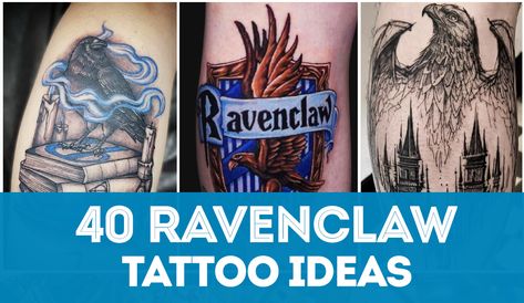 Large list of ideas and inspiration if you’re considering a Ravenclaw tattoo. Ravenclaw tattoos feature one of Harry Potter famous Hogwarts houses. Harry Potter House Tattoos, Harry Potter Ravenclaw Tattoo, Ravenclaw Tattoo Ideas, Ravenclaw Tattoo Minimalist, Harry Potter Tattoos Ravenclaw, Harry Potter Tattoos Back Of Arm, Hogwarts Leg Tattoo, Ravenclaw Tattoo, Uncommon Harry Potter Tattoos