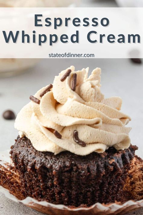 Whether you're a coffee lover or just looking to add some extra flavor to your desserts, our recipe for espresso whipped cream is a must-try! With just a few basic ingredients, you can whip up a batch of light and fluffy coffee-infused whipped cream that's perfect for topping off your coffee, cocktails, cheesecakes, cupcakes, and more! Coffee Icing Recipe, Espresso Frosting Recipe, Coffee Whipped Cream Recipe, Cheesecakes Cupcakes, Coffee Frosting Recipe, Espresso Whipped Cream, Homemade Espresso, Fluffy Coffee, Stabilized Whipped Cream Frosting