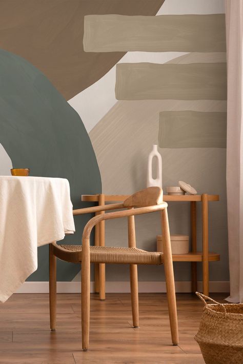 The shapes used in an organic abstract shapes wall mural may include flowing lines, circles, and curves that blend together seamlessly to create a sense of movement and flow. The shapes may also be inspired by natural elements, such as plants or water, to create a connection with the natural world. Brown Accent Wall, Living Room Murals, Room Accent Wall, Organic Abstract, Calming Bedroom, Retro Living Rooms, Bedroom Wall Paint, Accent Wall Bedroom, Earth Tone Colors