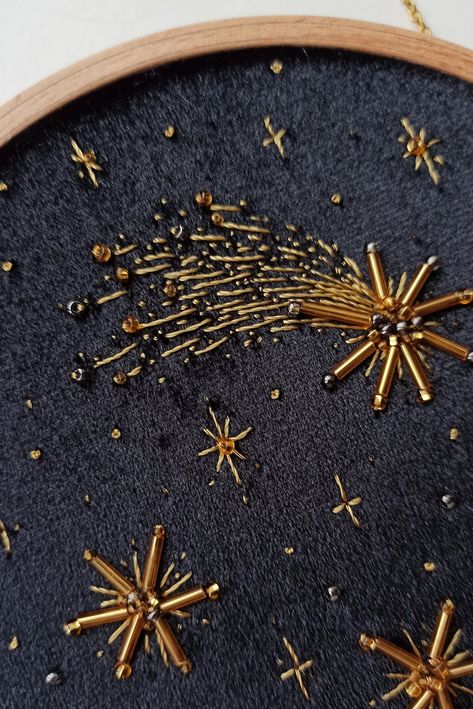 Star Chart Embroidery, Star Map Embroidery, Milky Way Embroidery, Hand Embroidered Stars, Embroidery Pictures Ideas, Star Bead Embroidery, Embroidered Moon And Stars, Christmas Star Embroidery, Outer Space Embroidery