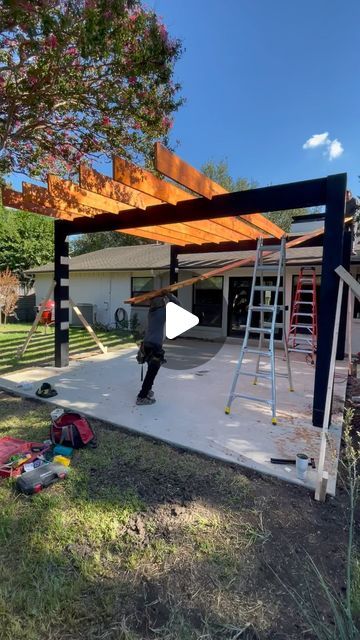 12K likes, 48 comments - cover_your_pergola on February 9, 2024: "2x12x24 foot long joists going up on this modern SkyPoly Pergola in Dallas! 8x8 posts. 4x12 header. No slats. Customer wanted maximum light coming through! Can’t wait to show you guys more!! #pergola #patiocover #skypoly #pergoladesign #polycarbonateroof". No Roof Porch Ideas, Yard Roof Ideas, Courtyard Pergola Ideas, Car Pergola Ideas, Pergola Above Roof Line, Pergola Over Concrete Patio, Lean To Pergola Ideas, Outdoor Patio Design Modern, Large Pergola Ideas