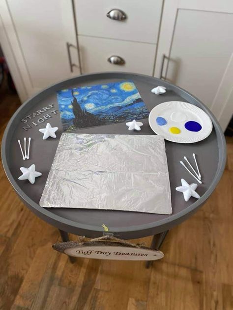 ‘The Starry Night’ - painting on foil set up. ✨ ✨ ✨
 
Thank you so much for the inspiration Kids art, craft and activity ideas - Messy Little Monster and Vincent Van Gogh 💙 Day And Night Eyfs Activities, Light And Dark Topic Eyfs, Space Themed Tuff Tray, How To Catch A Star Eyfs Activities, Painting On Foil, Mae Jemison, Weather Crafts, Childrens Books Activities, Eyfs Classroom