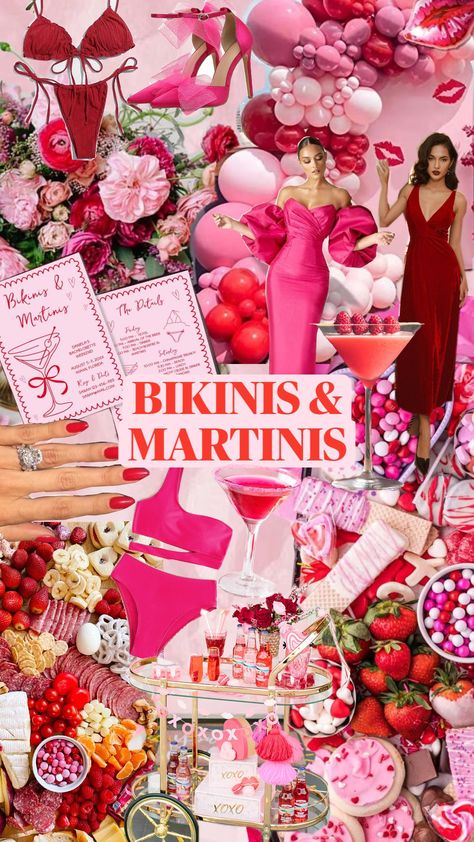 Bachelorette party weekend theme inspiration. Vibrant pink and red Bikinis and Martinis Girls Weekend. Bachelorette Flamingo Theme, Puerto Vallarta Bachelorette, Drag Brunch Bachelorette, Bachelorette In Paradise Theme, Bachelorette Mood Board Theme, Martinis And Bikinis Bachelorette Theme, Martini And Bikinis Bachelorette, Beach Bachelorette Party Themes Ideas, Boat Hens Party