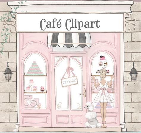 Cute Cafe Clipart Build Your Own Restaurant Clipart Paris | Etsy Patisserie Illustration, Cafe Clipart, Tea Party Clipart, Cake Paris, Flower Border Clipart, Spring Stationery, Event Invitation Design, French Buildings, Grafika Vintage