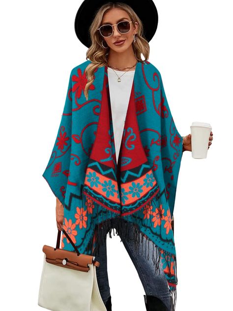 PRICES MAY VARY. Fabric: This poncho shawl is made of premiun fabric, thick and comfortable handfeel, creating a warm and cozy feeling when worn. Size: Measurement of this wrap-Length：73cm/28in, width：140cm/55in. Loose-fit layout, it fits effortlessly on women of any size. Features: this shawl is crafted with open front shape, featuring the color-splashed painted pattern and the elegant tailoring, adorned with tessels along the edge, the tessel is a fun design that adds movement. Occasion: Desig Fit Layout, Open Front Poncho, Blanket Cape, Cape Wrap, Moss Rose, Poncho Shawl, Floral Printing, Cape Style, Wrap Shawl