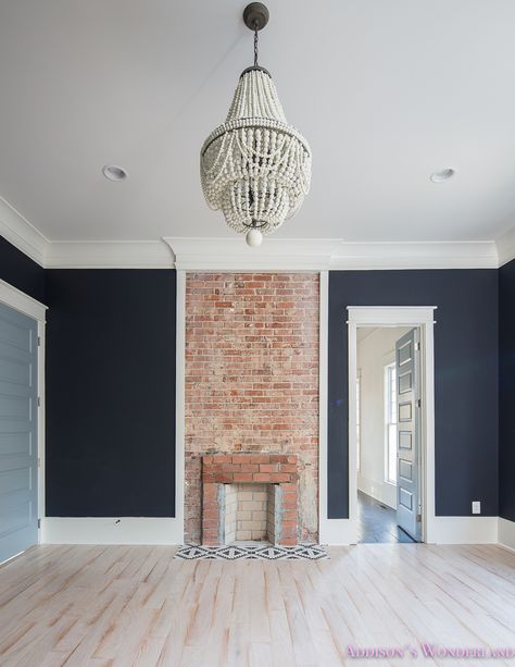 Our 1905 Historic Wonderland Home Reveal - Addison's Wonderland Red Brick Fireplaces, Shiplap Ceiling, Blue Chandelier, Dark Walls, Black Ceiling, Bedroom Black, Up House, White Brick, Gray Bedroom