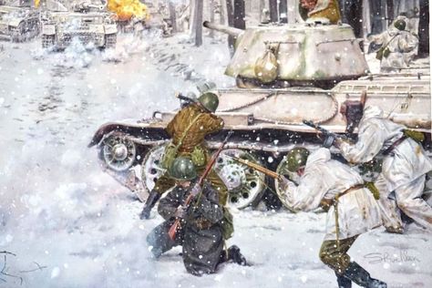 Christmas Day 1943, on the Dnepr. Surrounded following a sudden Soviet offensive, 8th and 19th Panzer Divisions had to fight their way through wooded terrain and snow showers to break out of encirclement by Vatutin's 1st Ukranian Front. In this scene a mixed German battlegroup of infantry, halftracks and PzKpfw IV tanks has run into Soviet infantry and T-34 tanks. Although the German Divisions eventually escaped they were constantly pursued and would soon be in full retreat. History Drawings, Osprey Publishing, March Book, 25 December, Panzer Iv, Ww2 History, Military Artwork, T 34, Combat Art