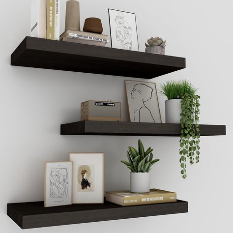 PRICES MAY VARY. 【Invisible Brackets】The brackets of these floating shelves are strong and invisible. They helps you dress up any empty wall space above a desk, fireplace, entryway, vanity, between windows. You can put succulent plants, collectibles and the other decorations on them. 【Space-saving】The black floating shelves are an ideal choice for utilizing vertical space. The wall shelves can be easily installed on the wall without occupying floor space, effectively utilizing the vertical space Rustic Modern Shelf Decor, Bedroom Decor Floating Shelves, Modern Small Shelves, Mens Office Shelves, Plant On Wall Decor, Simple Decor For Living Room, Bathroom Black Shelves, Bathroom Floating Shelf Decor Ideas, Gray And Black Home Decor