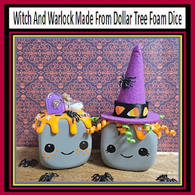 Witch And Warlock Made From Dollar Tree Foam Dice Dice Diy Crafts, Dollar Store Dice Crafts, Foam Dice Dollar Tree Crafts, Dollar Tree Dice Crafts Diy, Foam Dice Crafts, Witch And Warlock, Marshmallow Decor, Salt Ornaments, Dice Crafts