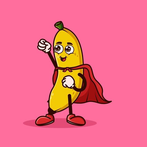 Cute Banana fruit character with Super hero costume and trying to fly. Fruit character icon concept isolated. Emoji Sticker. flat cartoon style Vector Funny Banana Drawing, Banana Character, Kawaii Banana, Banana Transparent Background, Fruit Character, Super Hero Costume, Banana Fruit Image, Banana Costume, Cartoon Banana