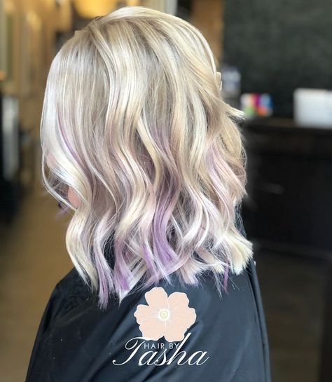 White hair, platinum blonde,  lob, short hairstyles, 2019 summer trends, lavender hair, purple hair, pastel hair, silver hair, silver fox, peek a boos, layered hair, short layered styles Blonde And Pastel Purple Hair, Blonde And Lavender Hair Peekaboo, Blonde And Lavender Hair Highlights, Blonde Hair With A Pop Of Color, Copper Low Lights In Blonde Hair, Blonde With Purple Peekaboo, Purple Lowlights In Blonde Hair, Blonde Hair With Pop Of Color, Blonde Hair With Color Peekaboos