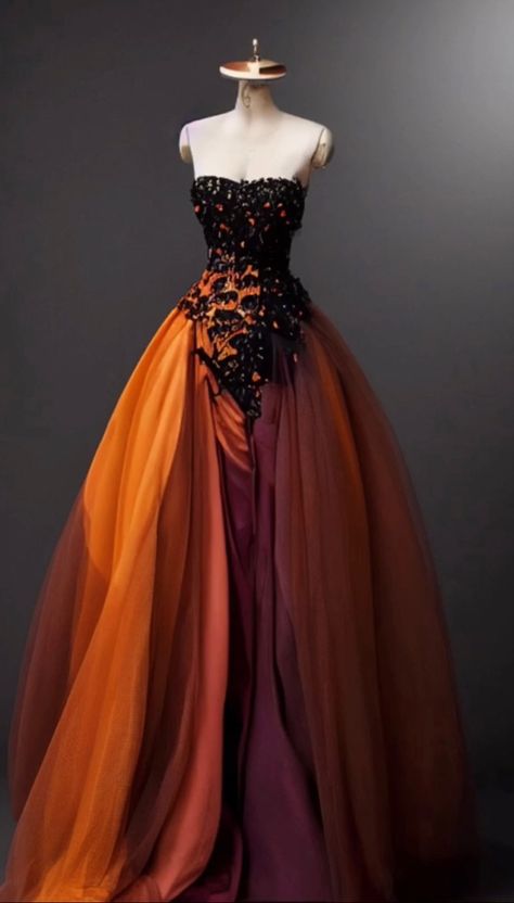 ACOTAR Autumn Court inspired gown Autumn Leaf Dress, Autumn Court Dress, Acotar Dress, Autumn Court, Gryffindor Yule Ball Gowns, Fire Dress, Black And Orange Dress, Fall Formal Dresses, Puffy Prom Dresses