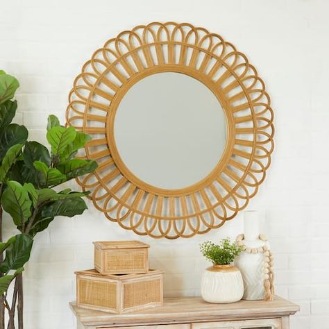 "Get the Brown Rattan Bohemian Wall Mirror, 35\" x 35\" x 1\" at Michaels. com. Give your home a personalize touch and bring your creative vision to life. Decorate with ease with our eclectic range of home decor. Decorate with fun with Iris And Ivory Add%20an%20illusion%20of%20space%20to%20your%20Bohemian-themed%20home%20space%20with%20this%20wooden%20framed%20round%20mirror%20displayed%20on%20your%20walls.%20Wall%20mirrors%20offer%20a%20reflective%20property%20that%20helps%20Bohemian%20brighten Starburst Mirror Wall, Wall Mirrors Entryway, Starburst Mirror, Mirror Display, Entryway Mirror, Brown Mirror, Mirror Shapes, Home Space, Bamboo Frame