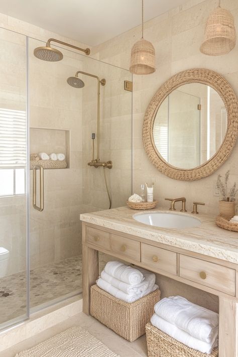 White Aesthetic Bathroom Ideas, Small Beachy Bathroom Ideas, Cute Bathroom Ideas Modern, Beige Natural Bathroom, Sisters Bathroom Ideas, Small Bathroom Ideas Natural, Cream White Bathroom, Beach Aesthetic Bathroom, Cream Vanity Bathroom