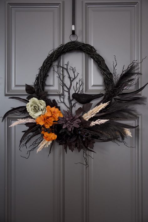 PRICES MAY VARY. Unique Design: This oval Halloween wreath is a standout decoration for your front door and porch, creating a perfect blend of elegance and spookiness for the Halloween Holiday Handcrafted with Care: Each wreath is meticulously handcrafted by experienced wreath makers, ensuring that every piece is unique and of the highest quality Natural Materials: The oval base is handwoven from natural grapevines, painted black and naturally air-dried to enhance the Halloween vibe Large Size: Halloween Front Door Wreath, Gothic Wreath Diy, Grapevine Halloween Wreath, Halloween Reefs Front Doors, Halloween Craft Decor, Neutral Fall Wreath, Halloween Wreaths For Front Door Diy, Modern Fall Wreaths For Front Door, Door Wreaths Halloween