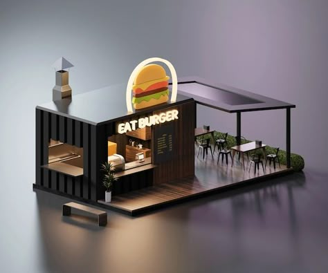 Isometric view minimal burger restaurant... | Premium Photo #Freepik #photo #background #food #design #city Burger Container Design, Burger Shop Design Ideas, Burger Kiosk Design, Burger Stall Design, Burger Store Design, Small Burger Shop Design, Burger Shop Interior Design, Burger Shop Design, Mini Restaurant Design